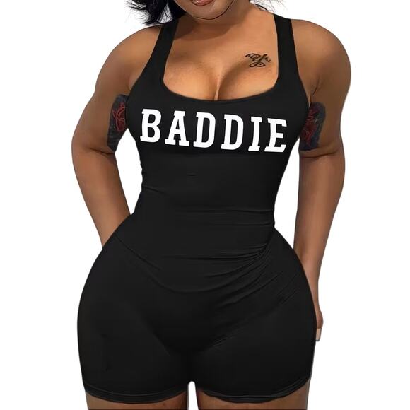 NWT ~ Women's Black Backless "BADDIE" Shorts Jumpsuit Romper ~ Size XL - Picture 1 of 2